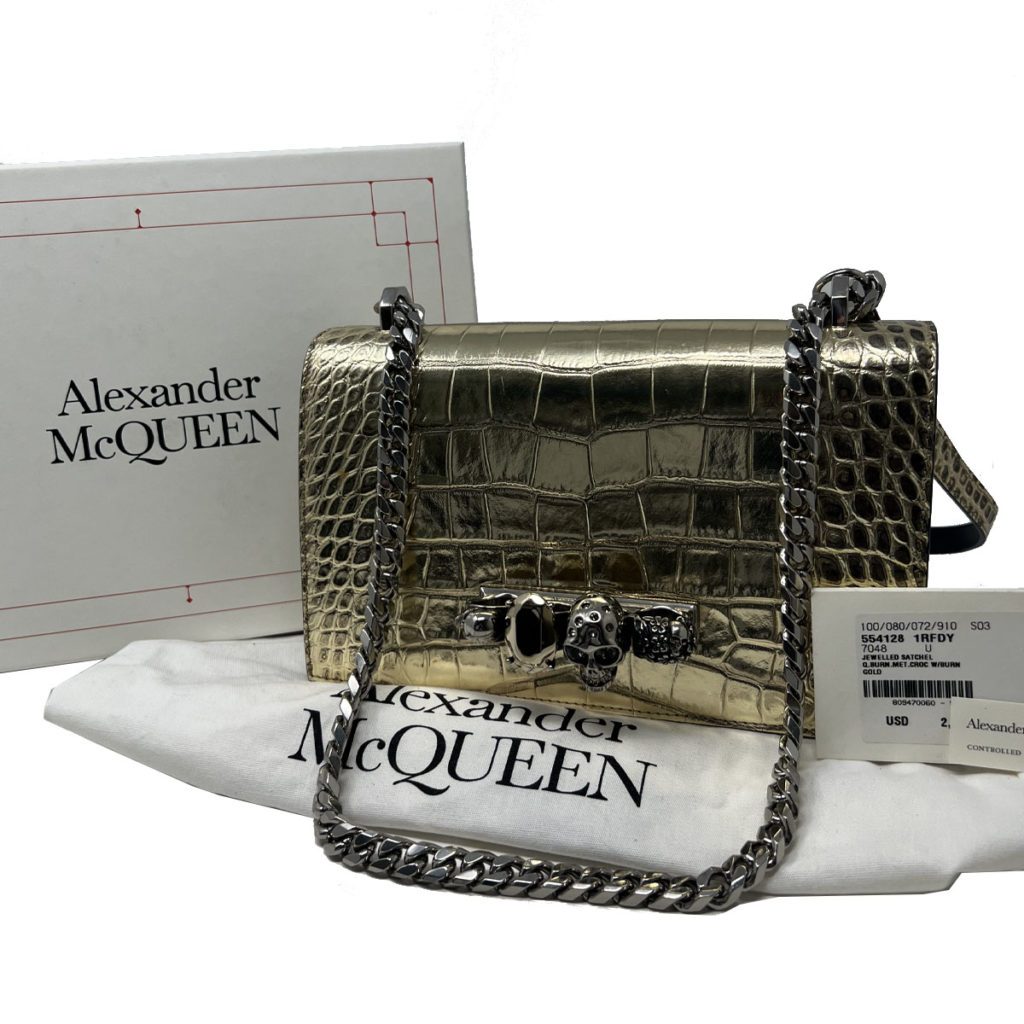 Alexander McQueen Jeweled Satchel Bag in Croc Stamped Gold Metallic - Boca  Pawn | Boca Raton Pawn