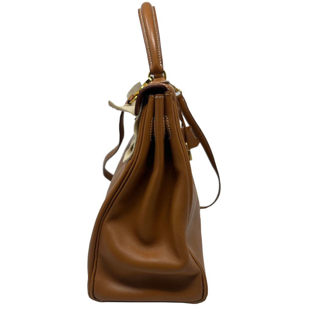 HERMES Kelly 35 Gold Gulliver Leather Retourne Woman's Handbag w