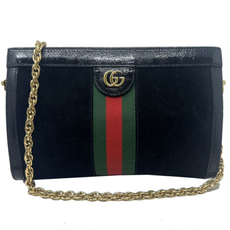 Gucci Ophidia GG Black Small Web Suede Leather Shoulder Bag w/ Chain Strap