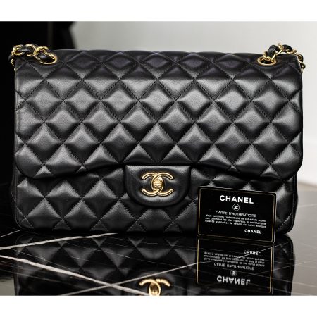Chanel Classic Double Flap Black Quilted Jumbo Handbag