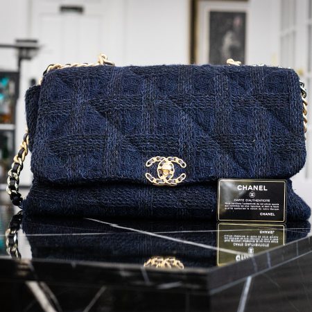 Chanel 19 Navy Blue Wool Tweet Flap Shoulder Bag